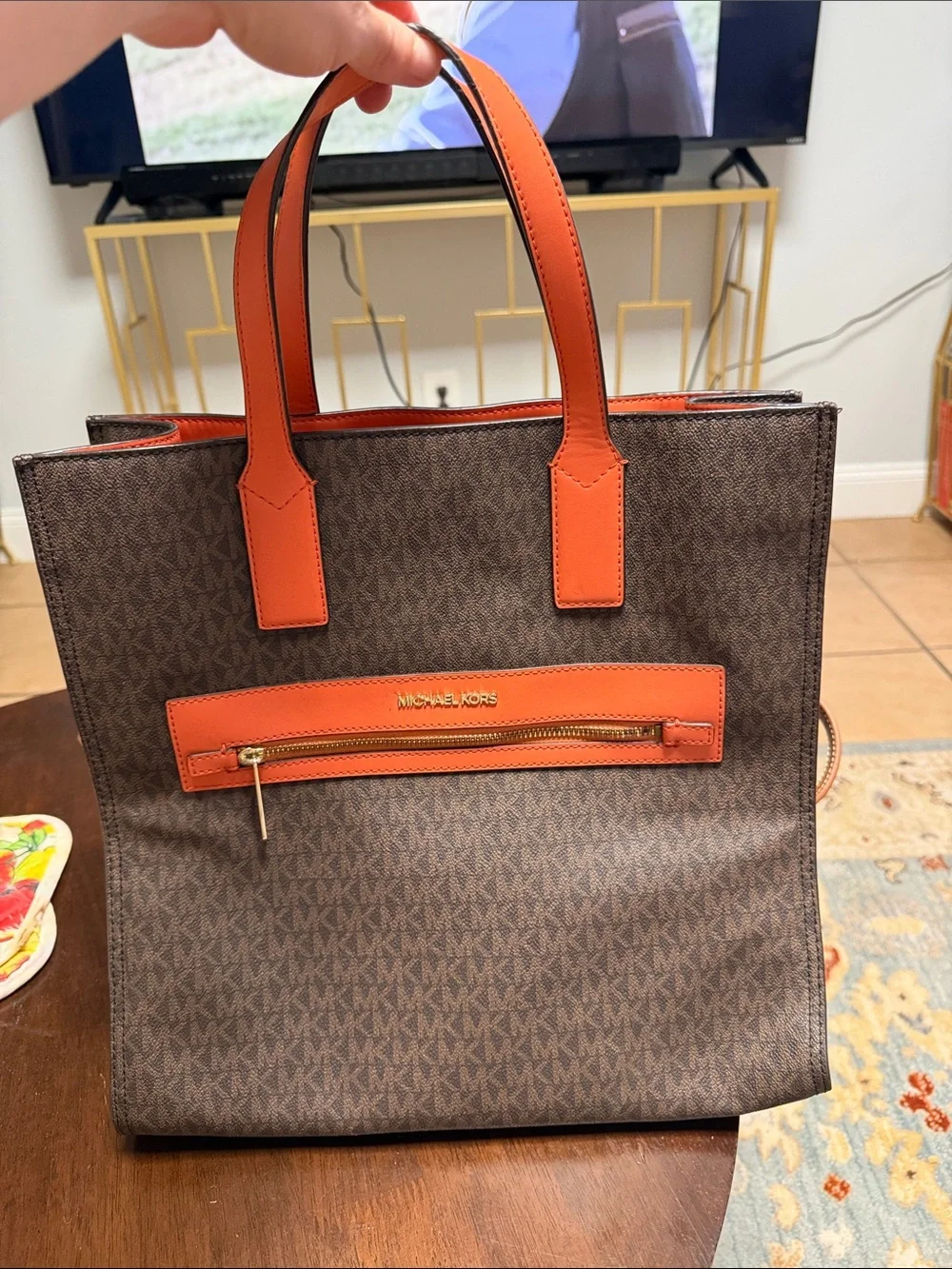 Michael Kors Brown Monogram Tote with Orange Trim